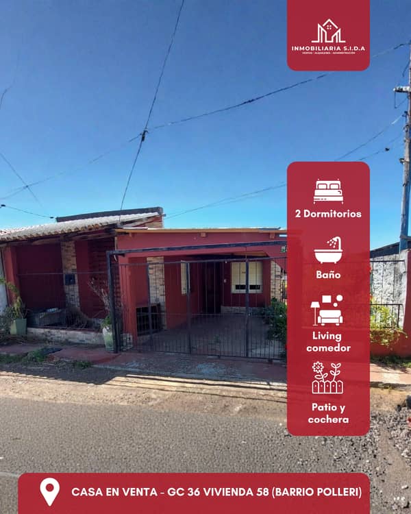 Venta / CASA EN VENTA - GC 36 VIVIENDA 58 (BARRIO POLLERI) PASAJE CASI GOMEZ GOTUZZO / Artigas